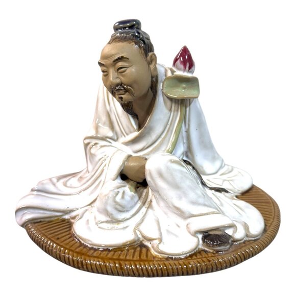 Shiwan Chinese Mudman Lotus Flower White Robe Porcelain Figurine Zhou Dunyi Poet - Picture 6 of 8